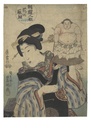 Japanse dame met handpop van sumoworstelaar Shiranue Dakuemon