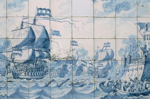 Zeeslag nabij een waterfort tussen Hollandse en Engelse schepen